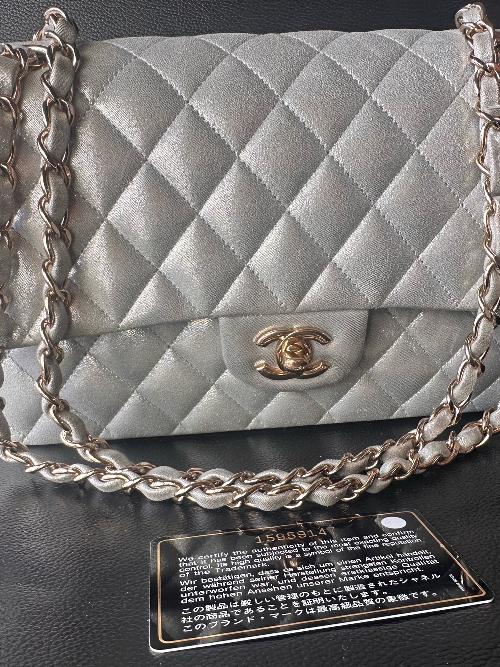 CHANEL Silver Quilted Calfskin Medium Double Flap